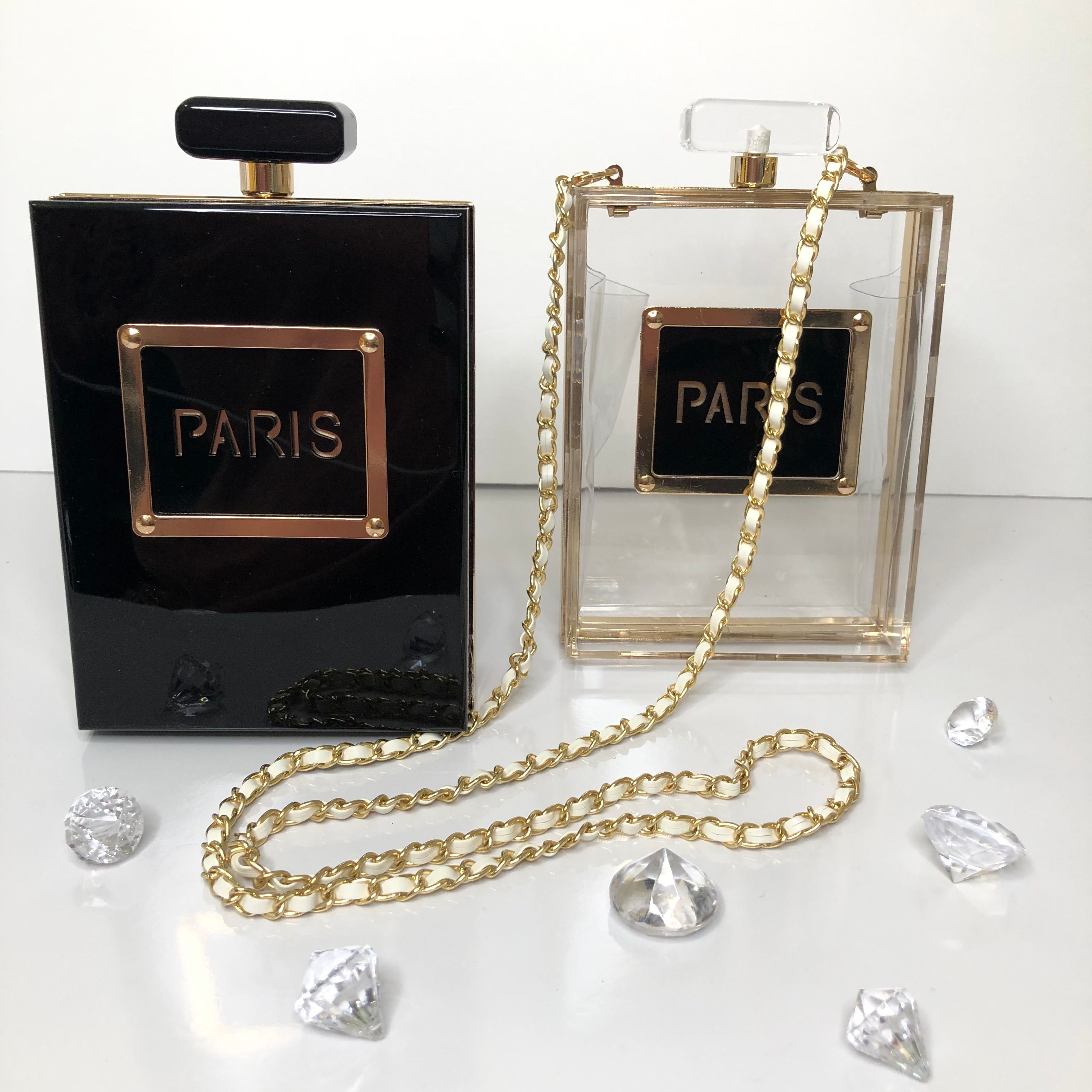 Women's acrylic paris perfume clutch evening bags 